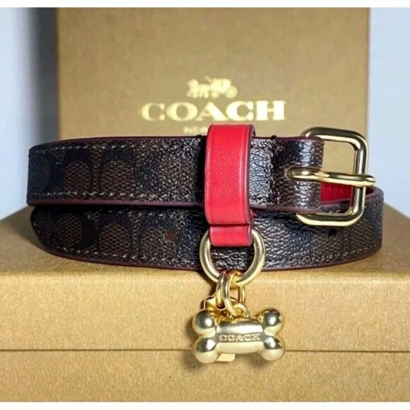 Coach Dog Collar + Apple AirTag Tracker! Brown Red Signature C Size Large - Picture 4 of 10